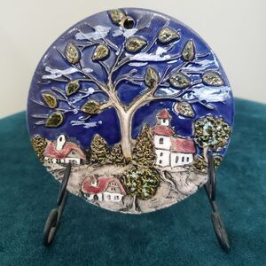 Keramika Ceramic Tile Art Wall Hanging Village Round Decoration Ornament 4-1/4"